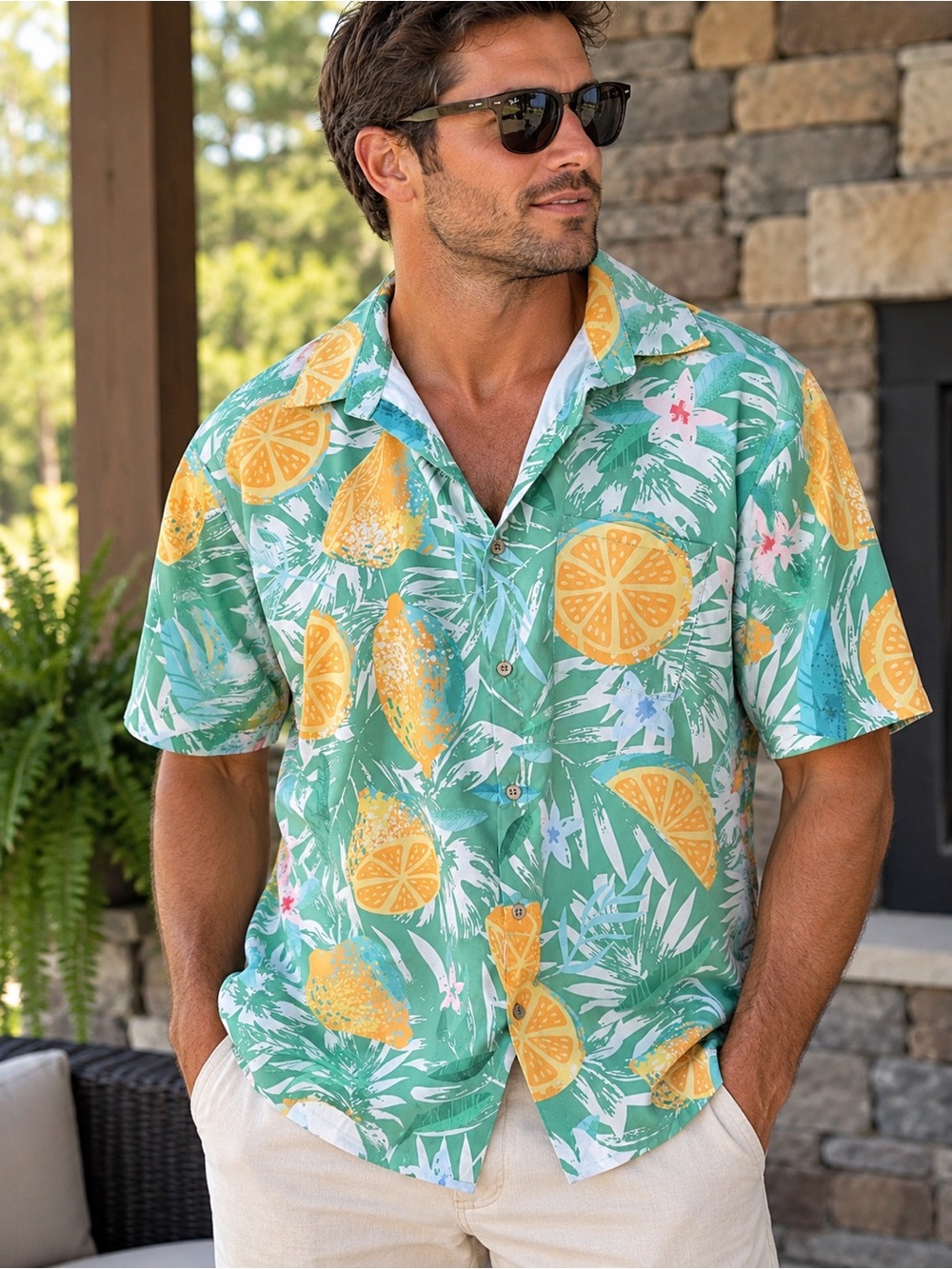 KYKU Men’s XL Tropical Citrus Hawaiian Button Up Shirt 🍋